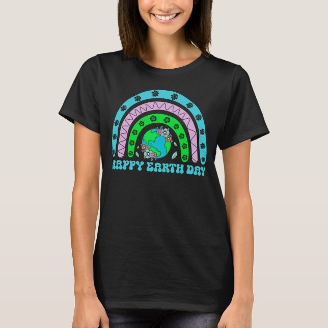 Happy Earth Day Rainbow  Cute Doodle Floral Graphi T-Shirt (Front)
