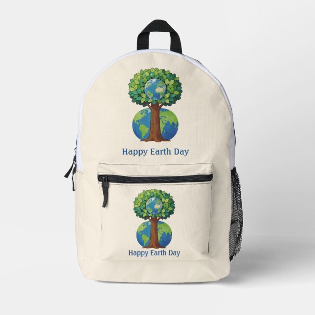 Happy Earth Day Tree Nature Illustration Printed Backpack (Front)