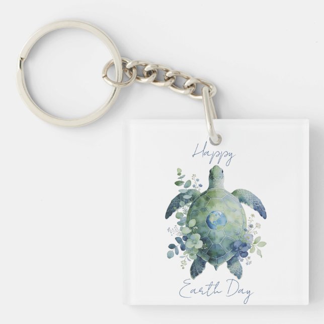 Happy Earth Day Turtle Design Keychain (Front)