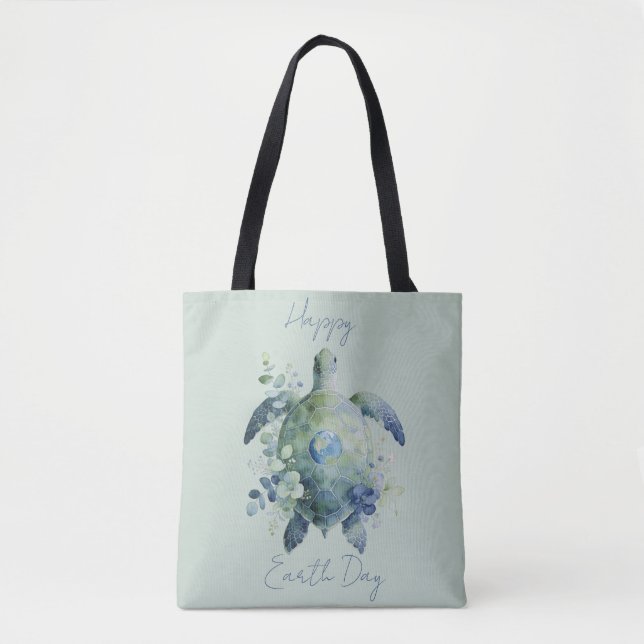 Happy Earth Day Turtle Design Tote Bag (Front)