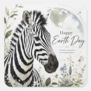 Happy Earth Day Zebra Wildlife Square Sticker