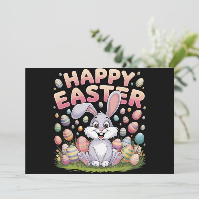 Happy Easter 2025  Eggs Bunny Cute Rabbit Holiday Card (Standing Front)