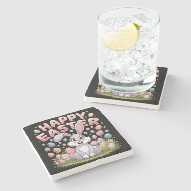Happy Easter 2025  Eggs Bunny Cute Rabbit Stone Coaster (Side)