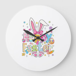 Happy Easter 2026 Cute Bunny Rabbit Easter Day Wom Large Clock