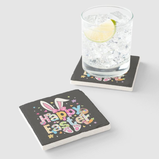 Happy Easter 2026 Cute Bunny Rabbit Stone Coaster (Side)