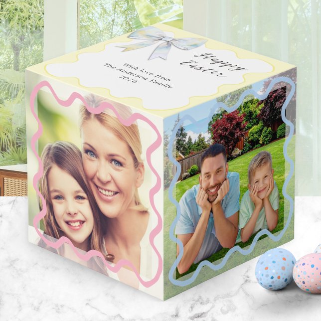 Happy Easter 4 Photo Pastel  Cube (A photo display cube with pastel wavy line 'frames', Happy Easter message, name(s) and date)