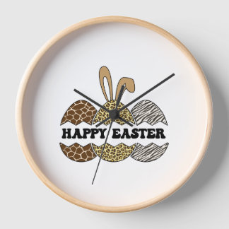 Happy Easter Animal Print Easter Eggs Bunny Clock