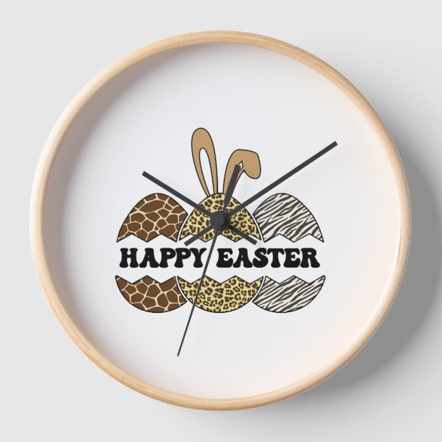 Happy Easter Animal Print Easter Eggs Bunny Clock (Front)