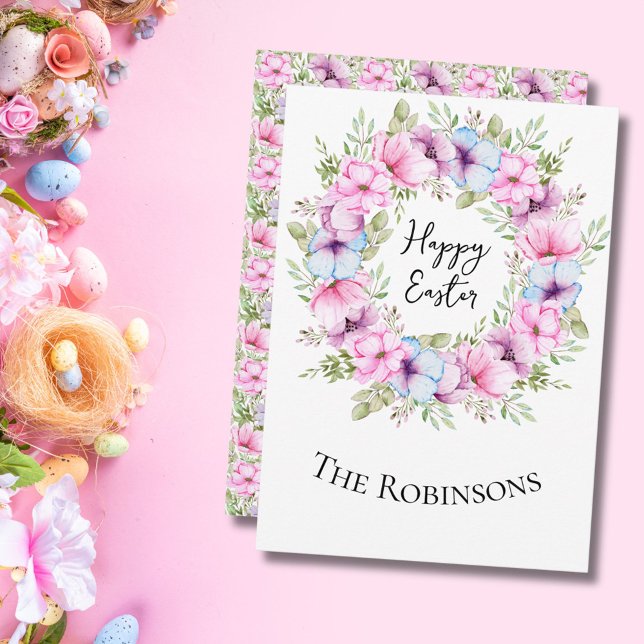 Happy Easter Baby Blush Pink Lilac Peony Wreath Holiday Card (Creator Uploaded)