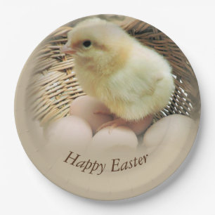 Happy Easter Baby Chick in a Basket Paper Plate