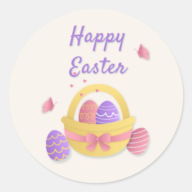 Happy Easter basket and butterflies Classic Round Sticker (Front)