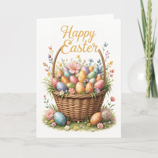 Happy Easter Basket with Colourful Eggs  Holiday Card (Front)