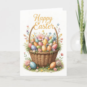 Happy Easter Basket with Colourful Eggs  Holiday Card