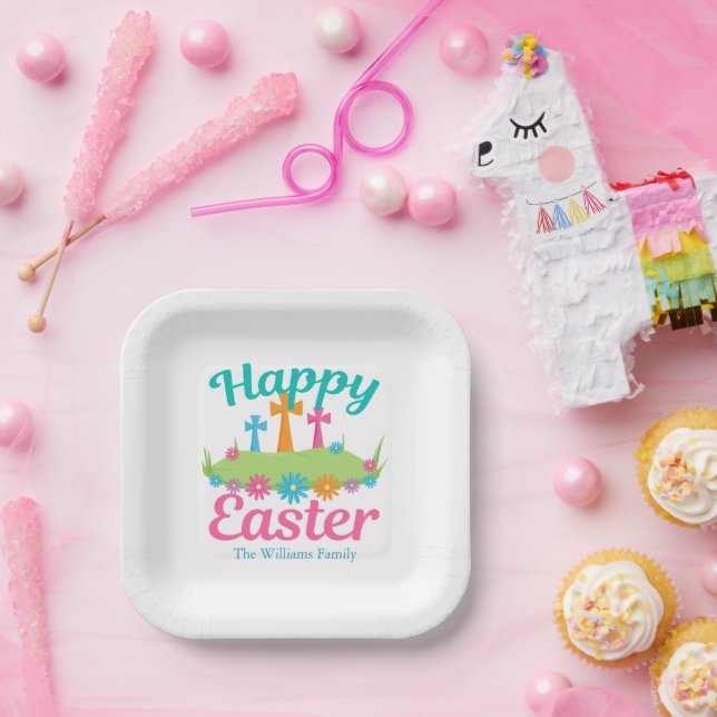 Happy Easter Beautiful Floral Crosses Custom Party Paper Plate (Party)