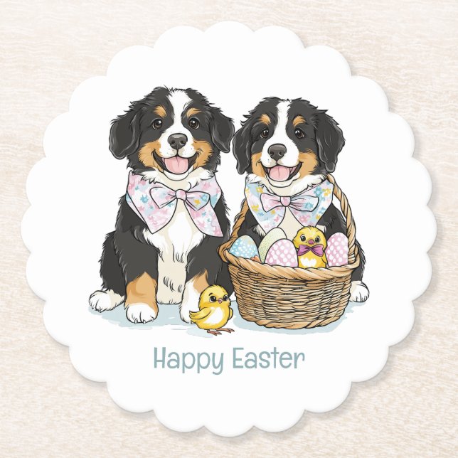 Happy Easter Bernese Mountain Dogs Paper Coaster (Front)