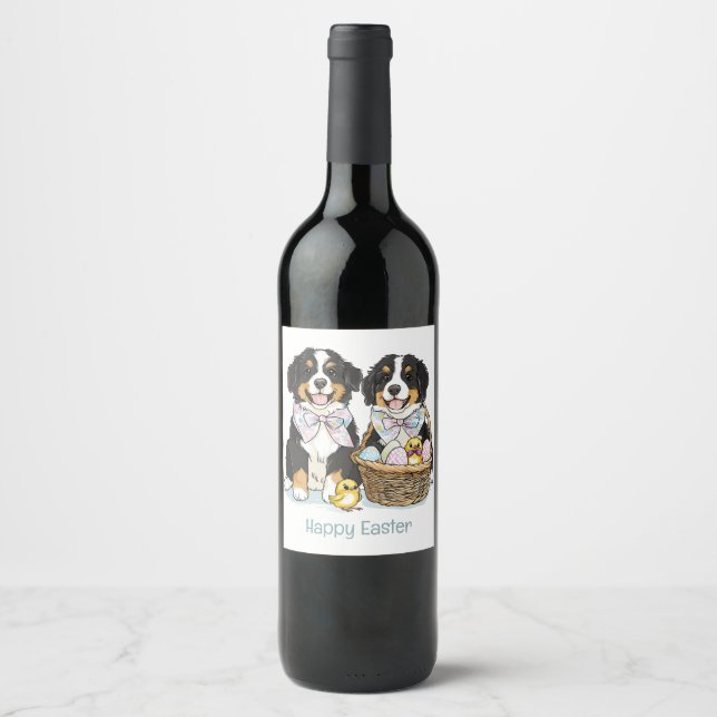 Happy Easter Bernese Mountain Dogs Wine Label (Front)