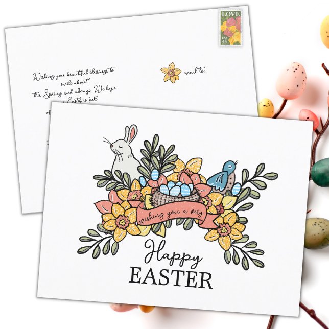 Happy Easter Birds and Bunny Holiday Postcard (Creator Uploaded)