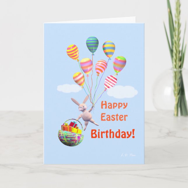 Happy Easter Birthday Bunny and Balloons Holiday Card (Front)