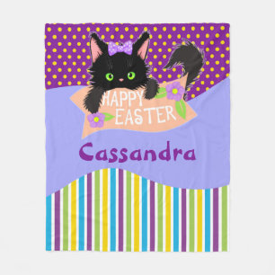 Happy Easter Black Kitty Colourful Fleece Blanket