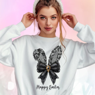 Happy Easter Black Lace Bunny Lace Ears Lace Bow Sweatshirt