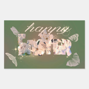 Happy Easter Blossoms And Butterflies Green Sticker