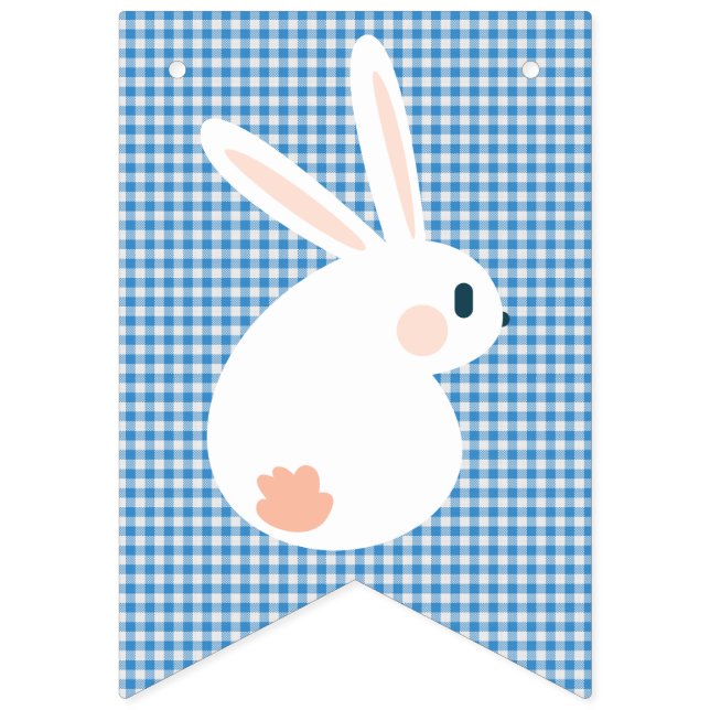 Happy Easter. Blue and White Chequered Plaid. Bunting Flags (First Flag)