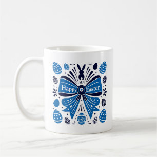 Happy Easter Blue Bow Folk Art Bunny & Eggs Spring Coffee Mug