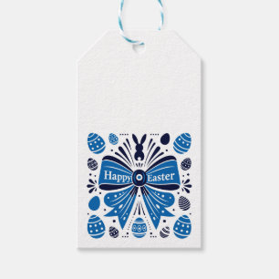 Happy Easter Blue Bow Folk Art Bunny & Eggs Spring Gift Tags