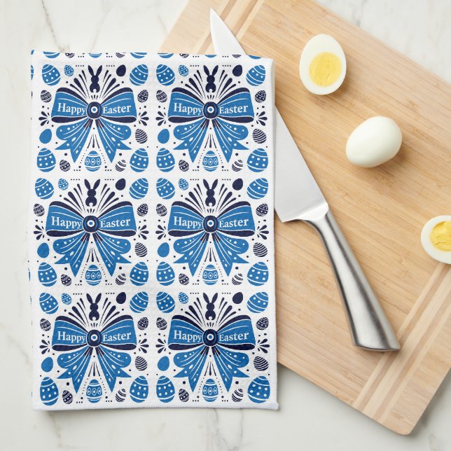 Happy Easter Blue Bow Folk Art Bunny & Eggs Spring Kitchen Towel (Quarter Fold)