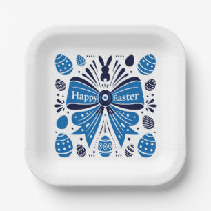 Happy Easter Blue Bow Folk Art Bunny & Eggs Spring Paper Plate