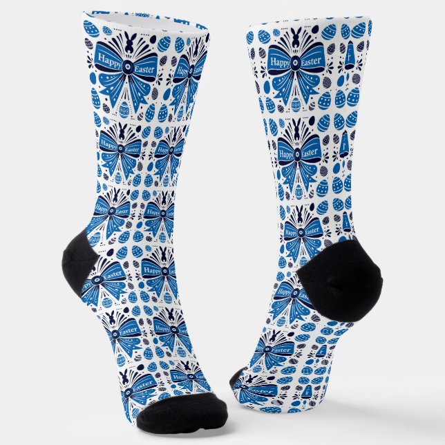 Happy Easter Blue Bow Folk Art Bunny & Eggs Spring Socks (Angled)
