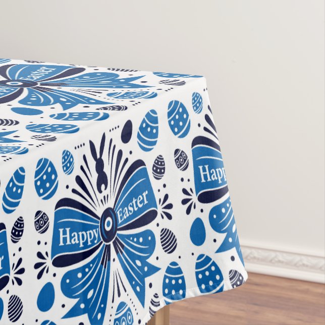 Happy Easter Blue Bow Folk Art Bunny & Eggs Spring Tablecloth (In Situ)