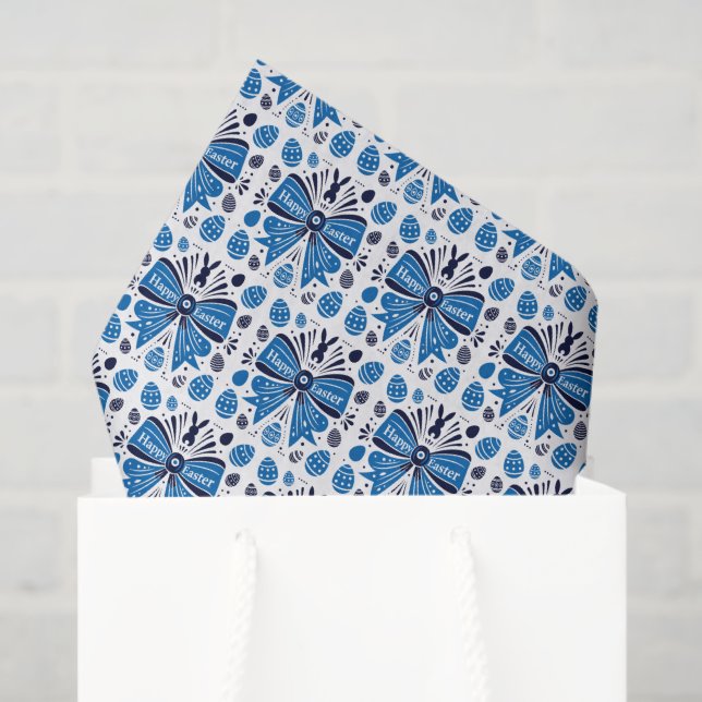 Happy Easter Blue Bow Folk Art Bunny & Eggs Spring Tissue Paper (Gift Bag)