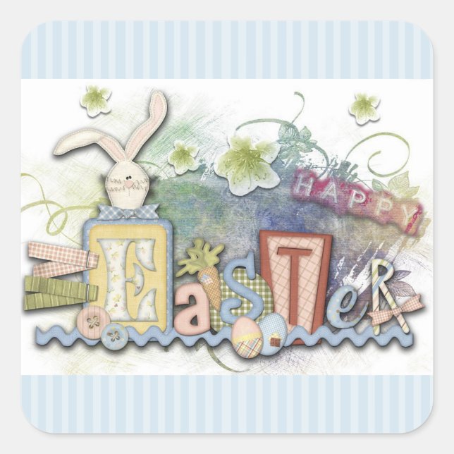 Happy Easter Blue Bunny & Flowers Stickers (Front)