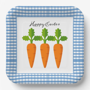 Happy Easter Blue Gingham with Carrot Design Paper Plate