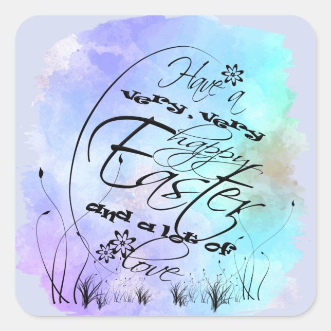 Happy Easter Blue Purple Calligraphy Illustration Square Sticker (Front)