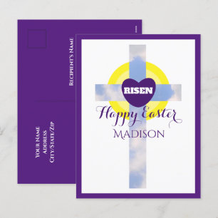 Happy Easter Blue Sky Cross Custom Name Purple Holiday Postcard