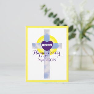 Happy Easter Blue Sky Cross Custom Name Yellow Holiday Postcard