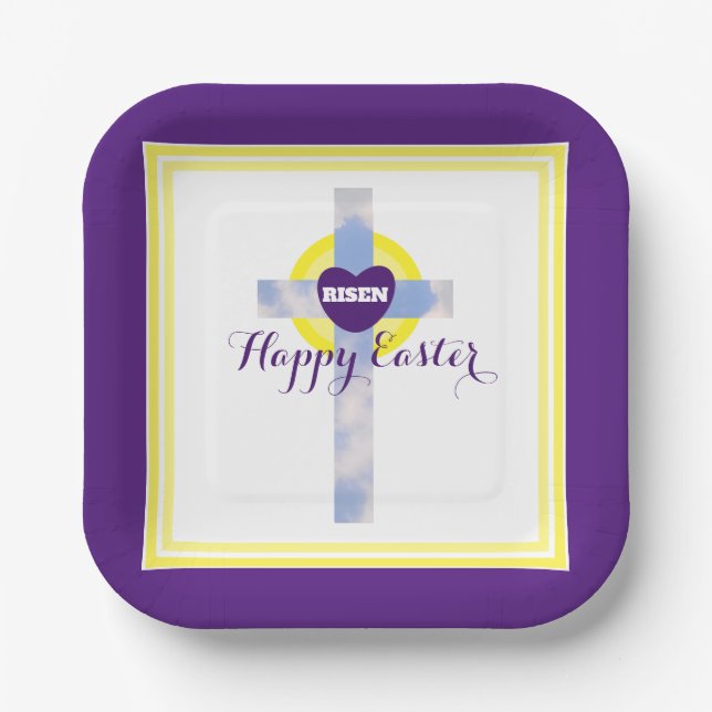 Happy Easter Blue Sky Cross Resurrection Day Paper Plate (Front)