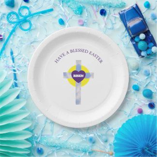 Happy Easter Blue Sky Cross Resurrection Day Paper Plate