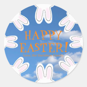 Happy Easter blue sky cute peeking bunnies fun Classic Round Sticker