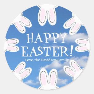 Happy Easter blue sky cute peeking bunnies funny Classic Round Sticker