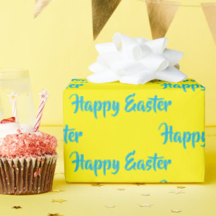 Happy Easter blue text on yellow Wrapping Paper