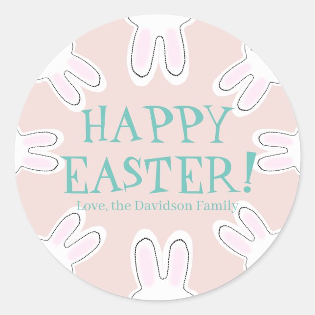 Happy Easter blush pink custom cute bunnies funny Classic Round Sticker (Front)