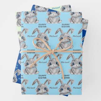 Happy Easter Boys Bunny Rabbit Blue And Green Wrapping Paper Sheet