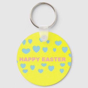 Happy Easter bright yellow blue hearts Keychain