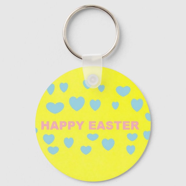 Happy Easter bright yellow blue hearts Keychain (Front)