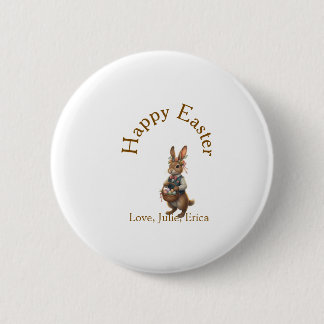 Happy Easter brown bunny with eggs love add name  2 Inch Round Button