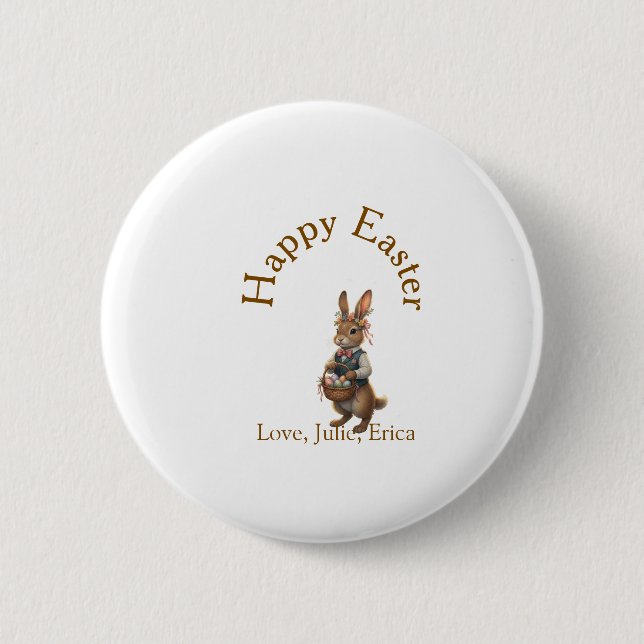 Happy Easter brown bunny with eggs love add name  2 Inch Round Button (Front)