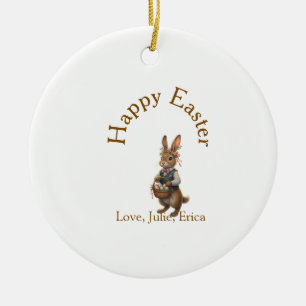 Happy Easter brown bunny with eggs love add name  Ceramic Ornament